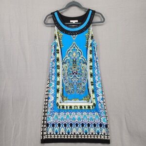 Sandra Darren Womens Blue Paisley Medallion Beaded Neck Shift Dress Size 8 46736